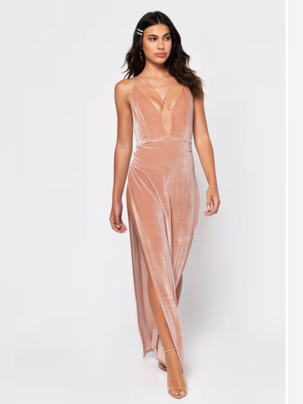 Tobi Blush Pink Velvet Plunge Maxi Dress